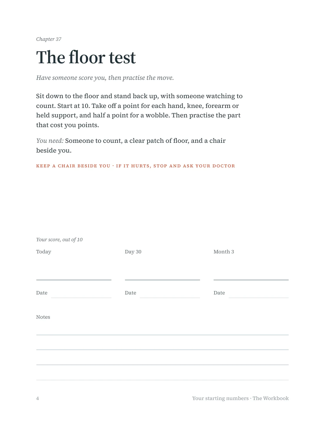 A home test page with space for scores today, at 30 days and at three months