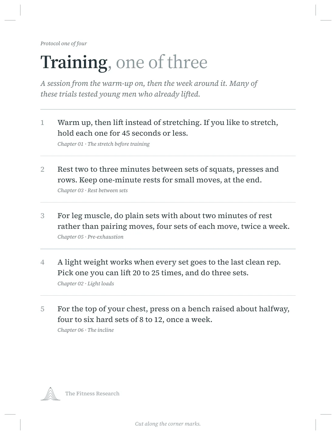 A protocol card with crop marks: the training routine, step by step